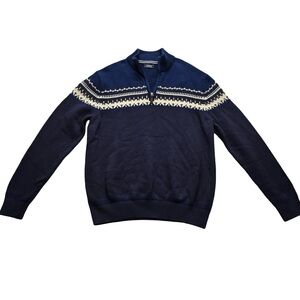 IZOD Fair Isle Quarter Zip Sweater Navy Men’s Large Cotton Blend *small hole*